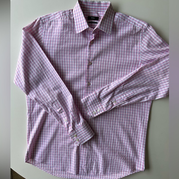MENS HUGO BOSS PINK/WHITE/BLUE GINGHAM SHIRT - Picture 4 of 5